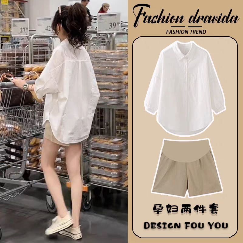 Maternity Suit, Summer Wear, New Style, French Style Wear during Pregnancy, Fashionable Short-Sleeved Shirt to Cover the Pregnant Belly, Summer Casual Two-Piece Set Maternity Suit, Summer Wear, New Style, French Style Wear during Pregnancy, Fashionable Short-Sleeved Shirt to Cover the Pregnant Belly, Summer Casual Two-Piece Set