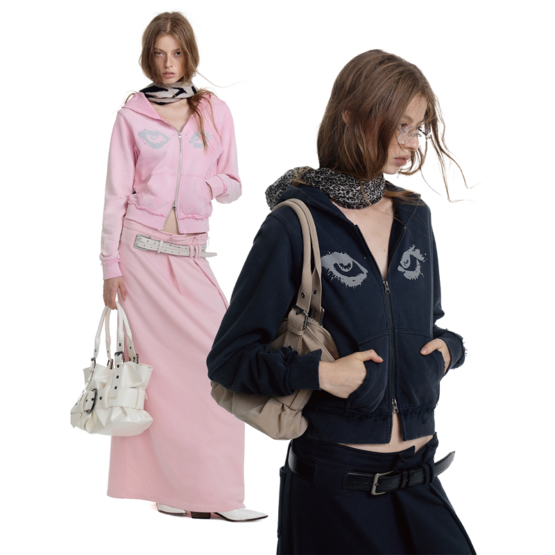 2Hk* Pure Cotton Deconstructed Frayed Edge Belt Washed Eye Print Rhinestone Women's Zipper Casual Hooded Sweatshirt Set for Women 2Hk* Pure Cotton Deconstructed Frayed Edge Belt Washed Eye Print Rhinestone Women's Zipper Casual Hooded Sweatshirt Set for Women