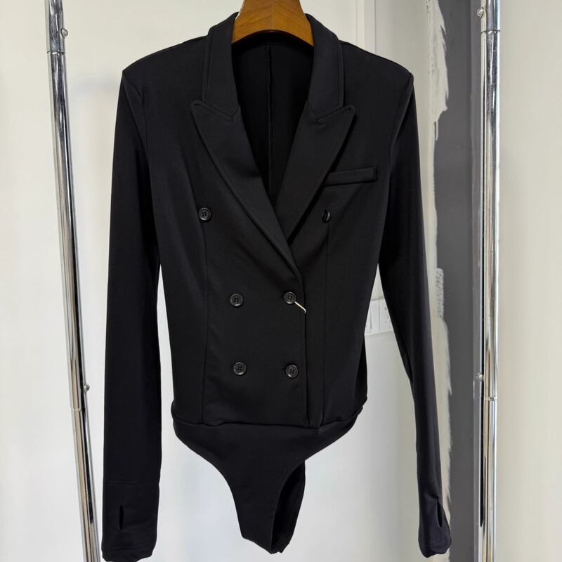 Double-Breasted Stretch Knit Slim-Fit Suit Jumpsuit Top Black Suit Collar Short Jacket for Women