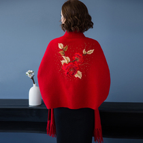 Shawl womens autumn and winter thick cashmere with sleeves embroidered tassel cape jacket mother with cheongsam wedding outer red