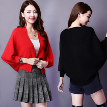 Spring and autumn bat sleeve shawl womens short loose knitted cardigan sweater cardigan outer red small jacket cape