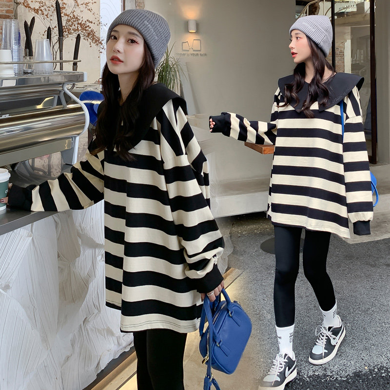 Pregnant Woman Suit Spring Autumn New Out Fashion style Jacket Spring Dress Doll Collar Long Sleeve Thick Cotton T Long version Two sets