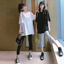 Maternity summer suit Western style medium-length loose short-sleeved T-shirt age reduction and thin two-piece set large size net red summer