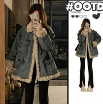 Maternity coat autumn and winter new lamb wool denim top womens winter loose velvet cotton coat small two-piece set