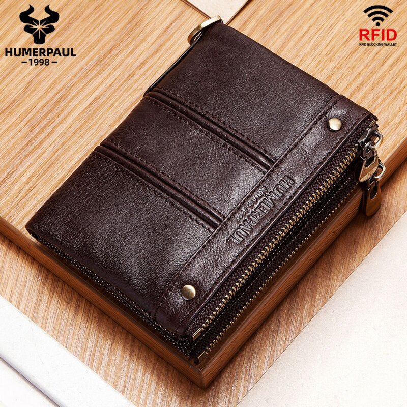 New 2023 RFID anti - magnetic wallet genuine skin male multi - functional double zipper European and American Zip Men