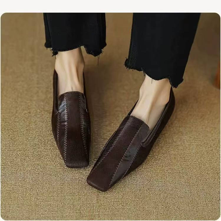 Genuine Leather and Horsehair Patchwork Deep-Cut Women's Shoes for Spring and Autumn, Fashionable Retro Versatile Square-Toe Flat Loafers Genuine Leather and Horsehair Patchwork Deep-Cut Women's Shoes for Spring and Autumn, Fashionable Retro Versatile Square-Toe Flat Loafers