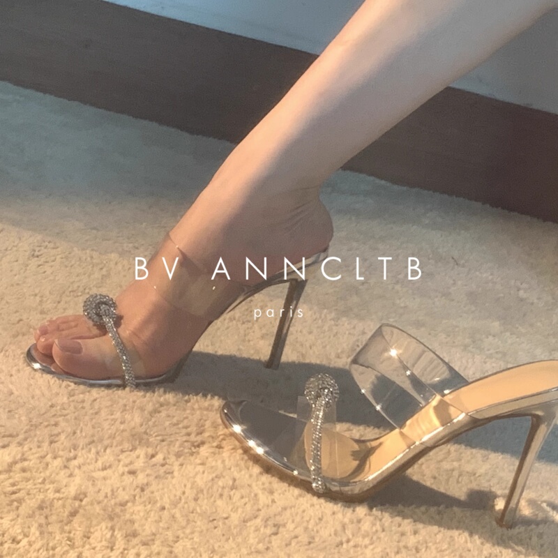 Bv Anncltb New Sandals with Rhinestone Twist High Heels, Transparent Strap, Stiletto Heel, Round Toe, Slip-On Mules