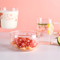 ins fruit salad glass bowl home heat-resistant dessert bowl 2-piece set breakfast cup set pink girl heart tableware