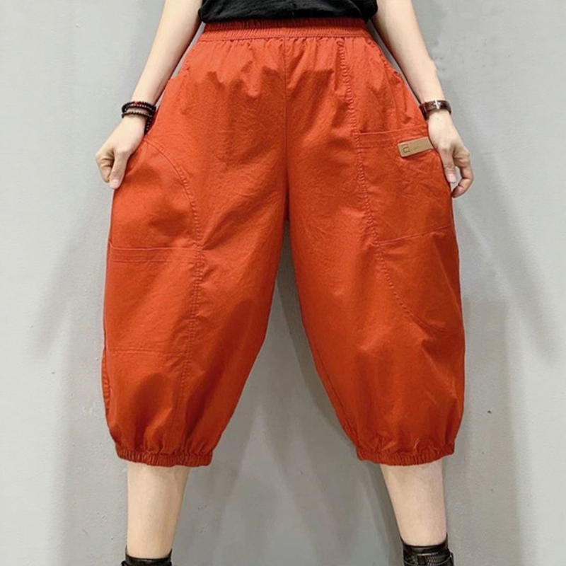 Summer Fashion Elastic Waist Large Pocket Cropped Casual Pants g Stylish Mom Wear Fashion Loose Plus Size Harem Pants