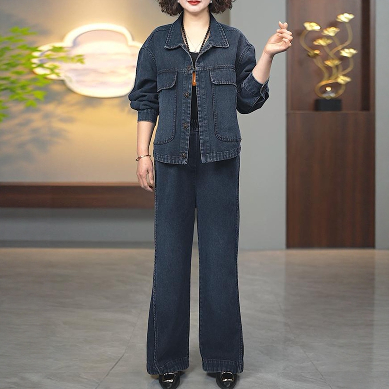 Autumn New Style Elegant Solid Color Jacket Denim Suit g Middle-Aged Women's Fashionable Thin Style Slimming Plus Size Two-Piece Set