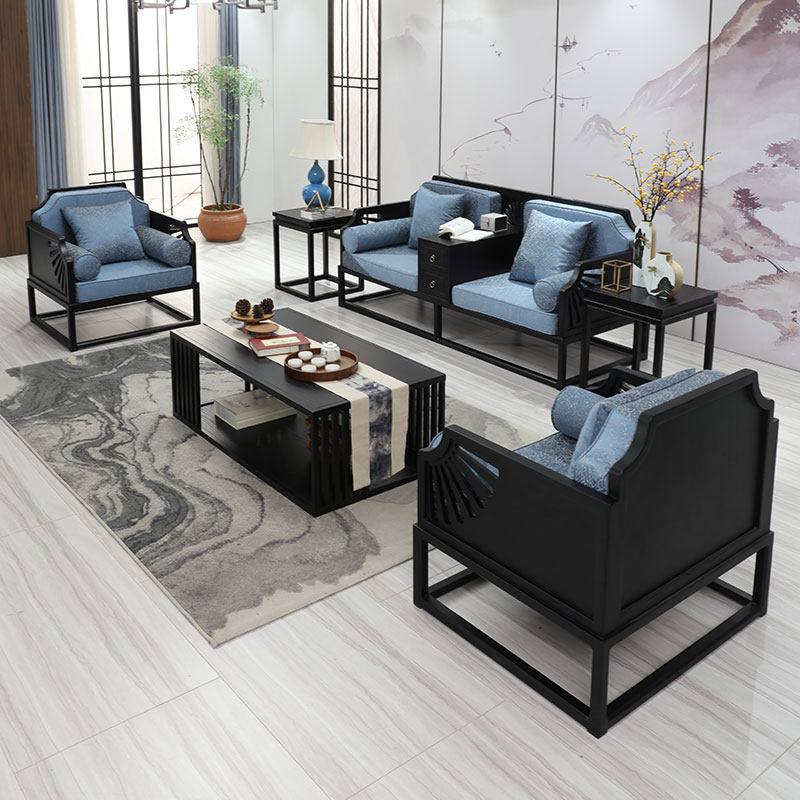 New Chinese style Zen living room three-seat sofa simple modern apartment model room homestay all solid wood fabric furniture