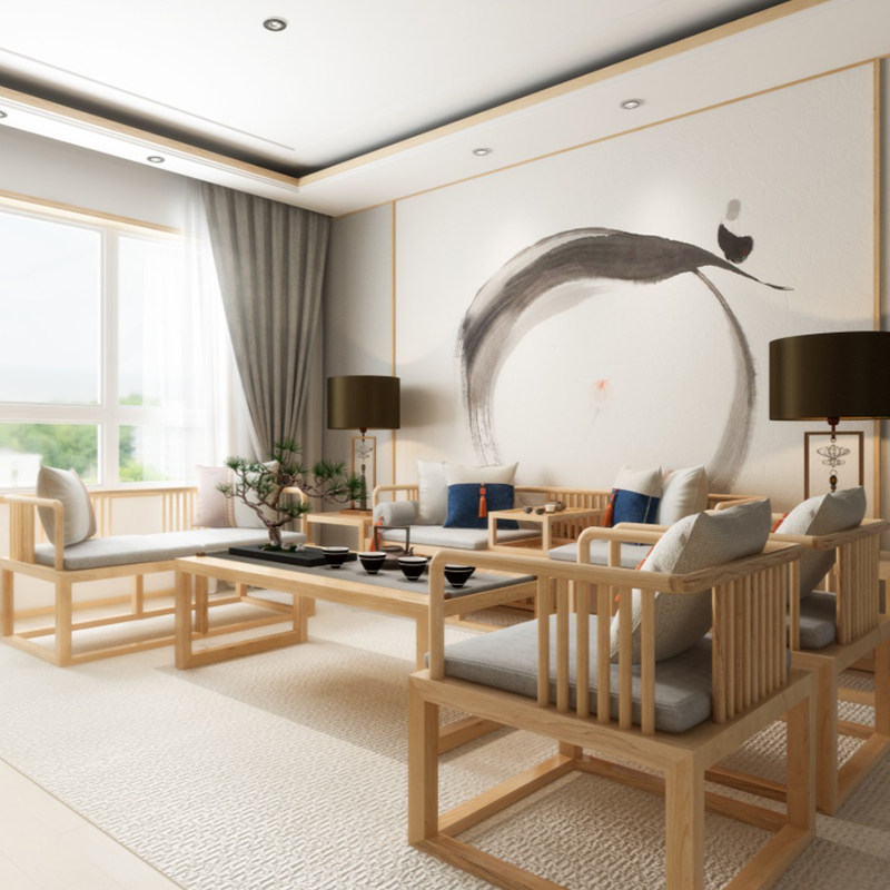 New Chinese Zen Living Room Household Log Log Sofa Simple Modern Villa Sample Room Triple-Person Solid Wood Furniture