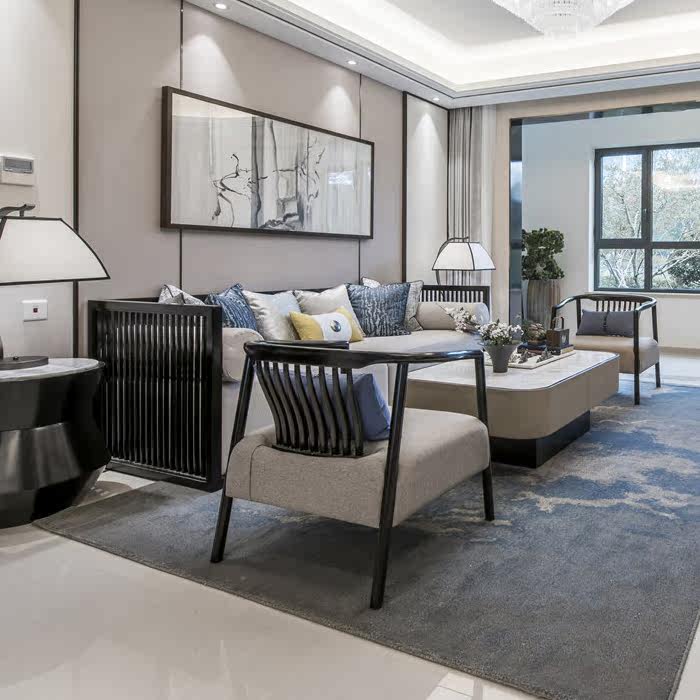 New Chinese style Zen sofa living room model room solid wood three-person sofa simple modern hotel villa fabric furniture