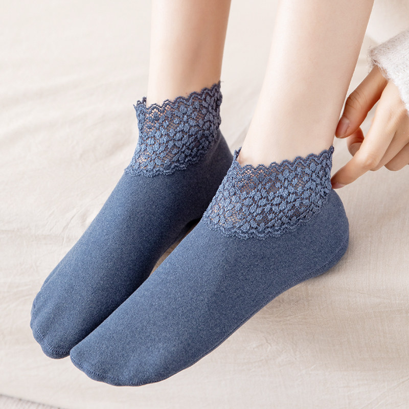 Lace Hollowed-out Lace Short Socks Female Silicone Gel Anti-Slip Invisible Socks Autumn Winter Pure Cotton Thickened Garnter Warm Loose Stomp Floor Socks