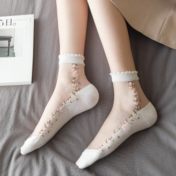 Stockings women's spring and autumn thin section broken glass Japanese transparent wear-resistant pure cotton crystal ice silk lace mid-tube socks