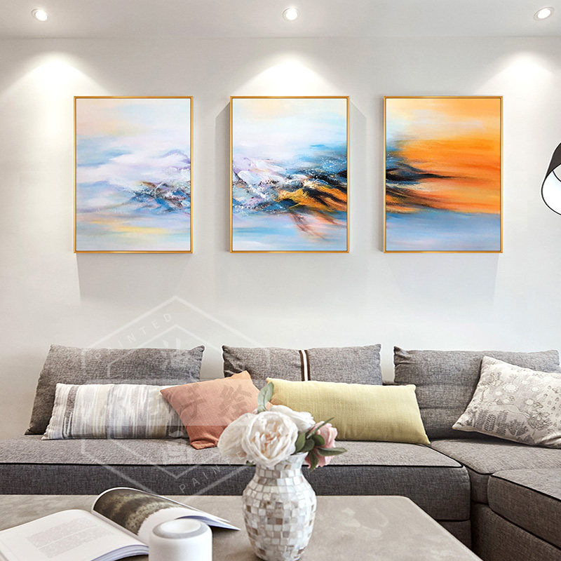 Pure hand-painted oil painting living room sofa background wall decoration painting modern minimalist hanging painting triple abstract art Dafen Village