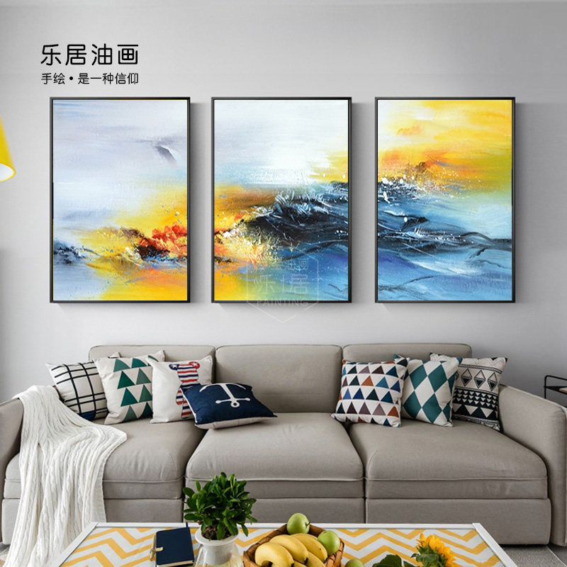Hand-painted oil painting living room decorative painting abstract painting sofa background wall triple hanging painting acrylic texture painting modern minimalist