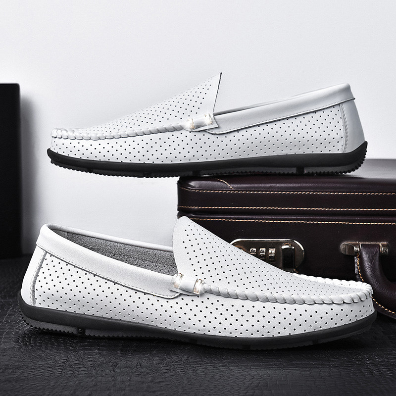 Peas shoes men's summer tide white trend breathable hollow leather slip-on slip-on shoes casual Korean version of sandals