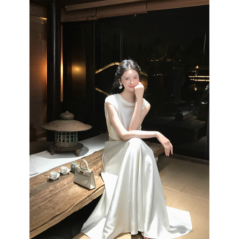 Elegant Satin Ribbon Dress with a Lazy, High-Class Socialite Style, High-Waisted A-Line Slimming Long Dress