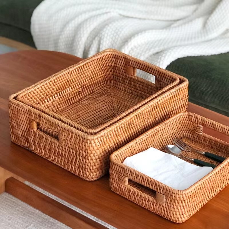 Vietnamese Natural Autumn Rattan Woven Storage Basket Desktop Miscellaneous Items Fruit Basket Rectangular Toy Snack Clothes Organizing Box Vietnamese Natural Autumn Rattan Woven Storage Basket Desktop Miscellaneous Items Fruit Basket Rectangular Toy Snack Clothes Organizing Box
