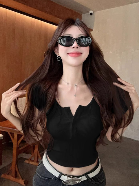 Trendy Short-Sleeve U-Neck T-Shirt for Women, Summer 2025 New Design, Unique Button-Up, Slim-Fit, Short Top