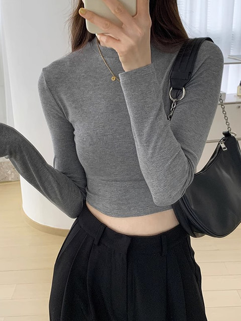 Solid Color Hot Girl Long-Sleeve T-Shirt for Women, 2025 Spring and Autumn Style, Slim Fit, Short, Cropped, for Petite Figures, Base Layer Top