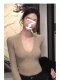 Long-Sleeve V-Neck Undershirt for Women, Autumn and Winter Pure Desire Style, Slim Fit Padded Shoulder Short T-Shirt Top