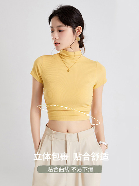 Designed with Pleats and Chest Pads, a Small Turtleneck Short-Sleeved T-Shirt for Women, Summer 2025 New Style, Slimming Short Top for Layering