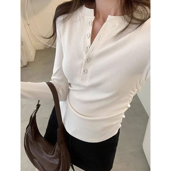 Gentle Style Half-Open Collar Design Button-Up Top for Women, Super Stylish for Autumn and Winter, Slim Fit, Long-Sleeved Inner Layering Top