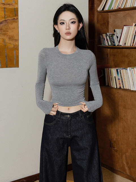 American-Style Spicy Girl Long-Sleeve T-Shirt for Women, Early Autumn Round Neck Slim-Fit Simple High-Waisted Short Inner Layer Base Shirt Top