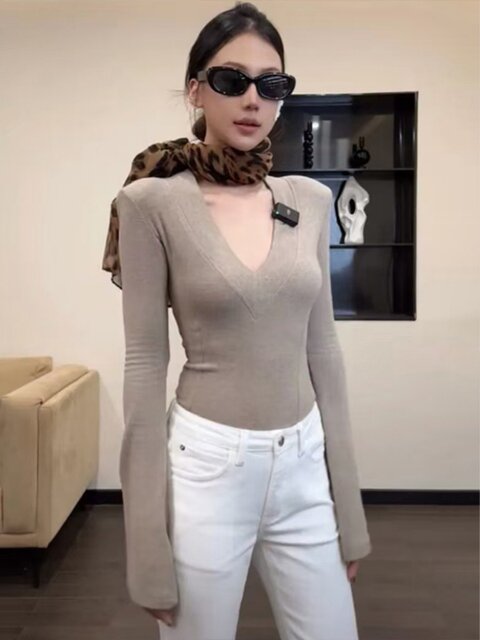 Sexy Hot Girl V-Neck Long-Sleeve T-Shirt for Women, Autumn and Winter, High-End Brushed Fabric, Stylish Slim-Fit Base Layer Top