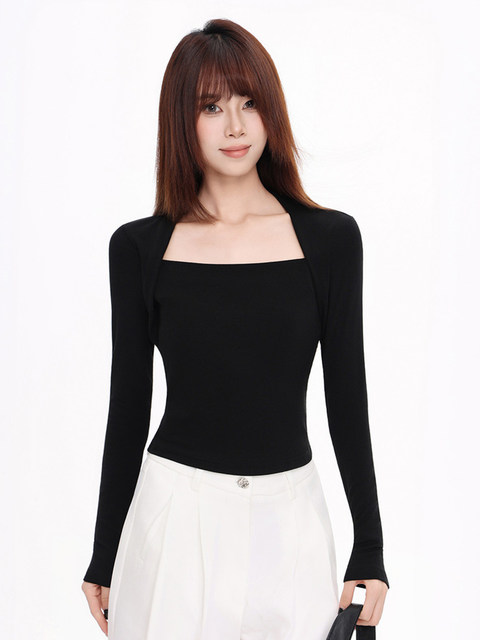 Can Be Worn Outside, Square-Neck Long-Sleeve T-Shirt for Women, Autumn and Winter Spicy Girl Style, Slim Fit, Fake Two-Piece Inner Layering Top