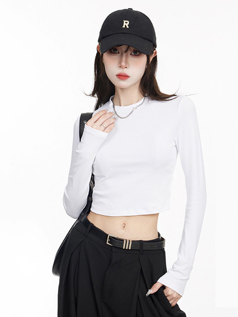 2025 Korean Style New Slim-Fit Long-Sleeve T-Shirt for Women, Winter Short Style, American Style, Slimming, Versatile Inner Layer Top