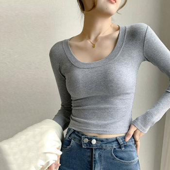 Solid Color Slim-Fit Long-Sleeve Simple Base Shirt for Women, Autumn and Winter Versatile Slimming U-Neck Top