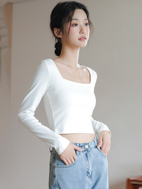 Korean Style Square Neck Long-Sleeve T-Shirt for Women, New Spring and Autumn Model, Waist-Cinching, Slimming, Short, Belly-Baring Base Shirt Top