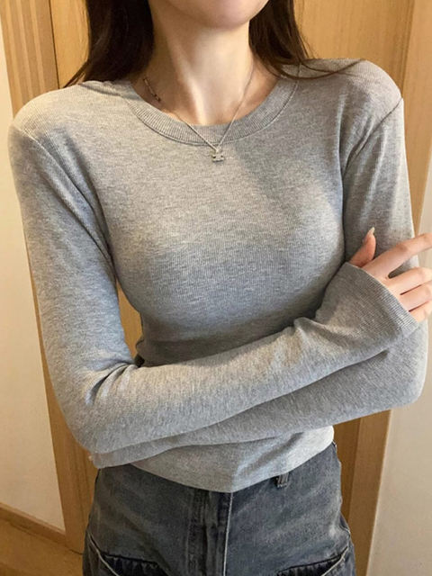 Basic Gray Round-Neck Ribbed Base Shirt T-Shirt for Women, Suitable for Autumn and Winter, Can Be Worn as an Inner Layer or Outerwear, Slim-Fit Long-Sleeve Top