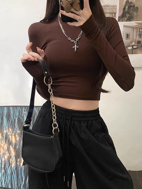 Pure Desire Hot Girl Short Base Layer Top for Women, Autumn and Winter Simple Small Stand Collar Layered Slim Fit Fleece T-Shirt