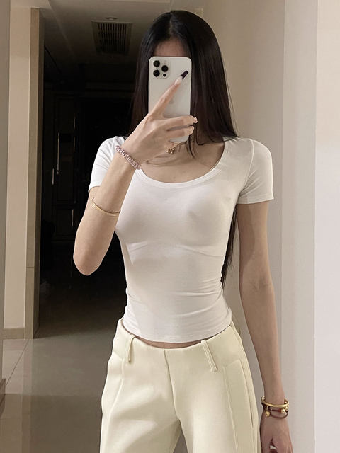 Korean Style U-Neck Short Cropped T-Shirt for Women, Summer 2025 New Model, High Elasticity, Soft, Slim-Fitting, Figure-Flattering, Versatile Top