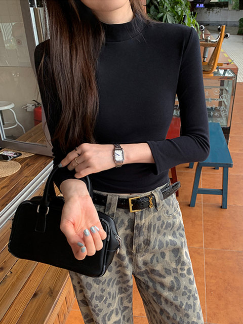 American-Style Spicy Girl Half-High Collar Long-Sleeve T-Shirt for Women, Autumn and Winter Design, Niche Tight-Fitting Inner Layer, Three-Quarter Sleeve Top