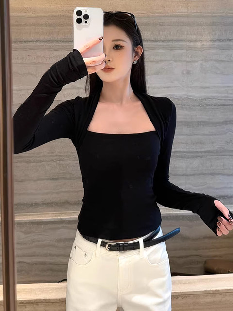 American-Style Spicy Girl Square-Neck Base Shirt for Women, 2026 New Spring Slim-Fit Black Long-Sleeve T-Shirt