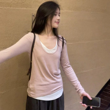 Fake Two-Piece U-Neck Long-Sleeve T-Shirt for Women, New Spring and Autumn Korean Style, Lazy Style, Slim Fit, Inner Layering Top