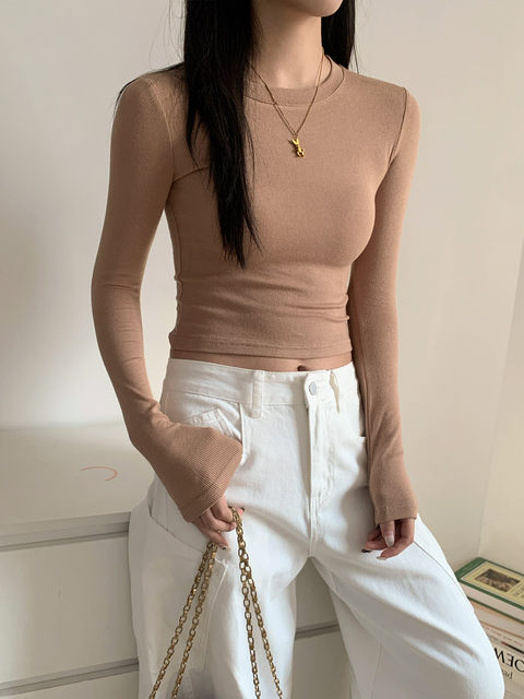 Ribbed Slim-Fit Long-Sleeve T-Shirt for Women, Autumn and Winter Tight-Fitting Base Layer, Basic Short Top