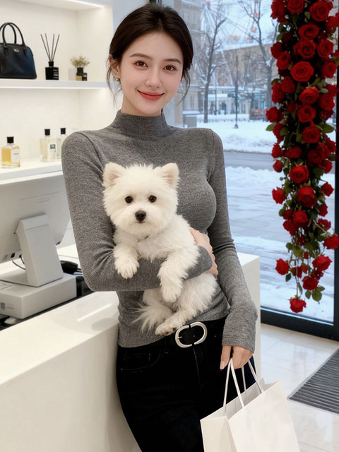 Gray Half-Turtleneck Long-Sleeve Inner Top for Women, Perfect for Autumn and Winter, Extremely Beautiful and Flattering, Slim-Fit Base Layer T-Shirt