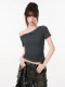 Lace Splicing Bow Slanted Shoulder Short-Sleeved T-Shirt for Women Summer Design American Sexy Tight Slimming Look Top