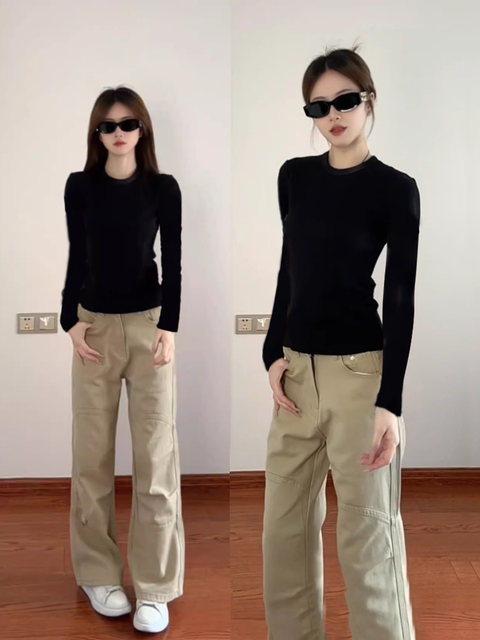 Black Straight-Shoulder Long-Sleeve T-Shirt for Women, Autumn and Winter Basic Style, Versatile, Slim-Fit, Flattering, Inner Layering Top