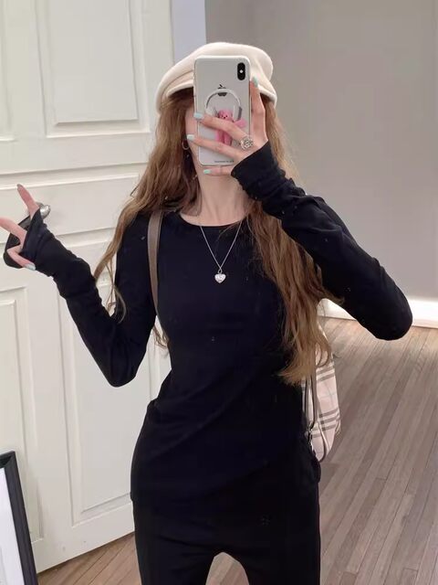 Hong Kong Style Sexy Slightly See-Through Thin Long-Sleeve Base Shirt Slimming White T-Shirt for Women New Round Neck Slim-Fit Sun Protection Top