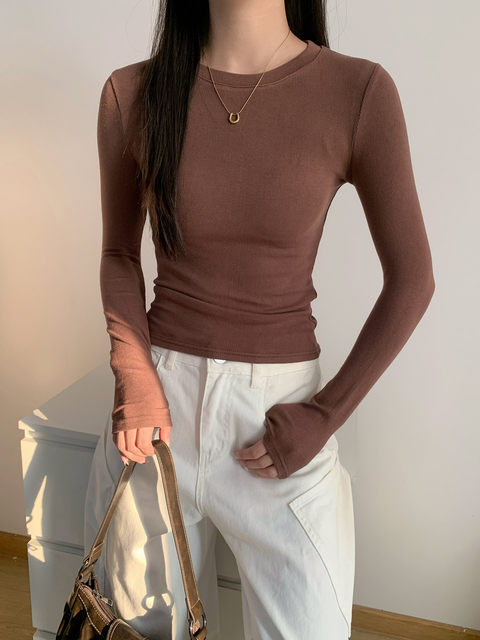 American-Style Gray Regular Shoulder Base Layer Top for Women, Autumn and Winter Long-Sleeve T-Shirt, Slim Fit Brushed Inner Wear Top