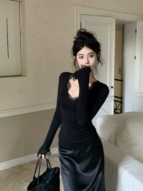 Spicy Girl V-Neck Lace Trim Base Shirt for Women, Autumn and Winter, Sexy Large Neckline, Slim Fit, Long-Sleeved T-Shirt, Inner Layer Top