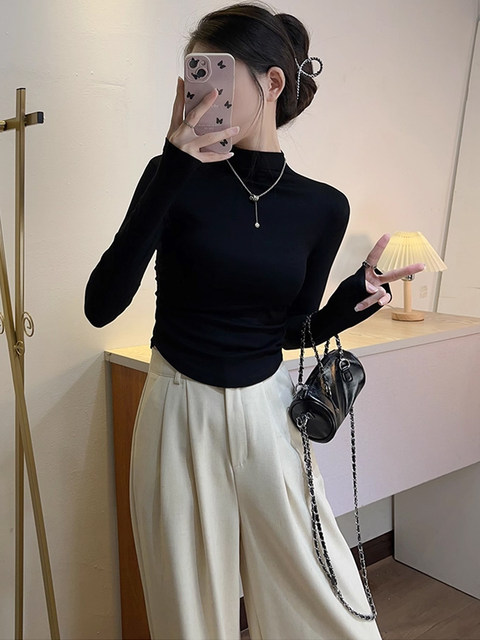 Half-High Collar Pleated Long-Sleeve T-Shirt for Women, New Spring and Autumn Korean Style, U-Shaped Hem, Slim Fit, Short Base Layer Top