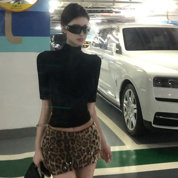 Sexy Hot Girl Black Half-High Collar Mid-Sleeve T-Shirt for Women, Spring and Autumn Tight-Fitting American-Style Five-Quarter Sleeve Base Layer Top